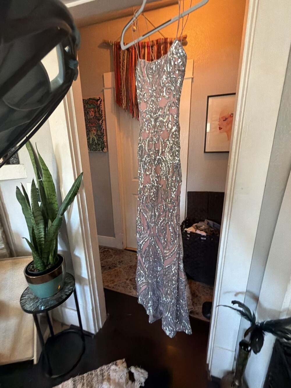 Windsor Kenzie Formal Sequin X-Back Dress Pink Silver Size XS
